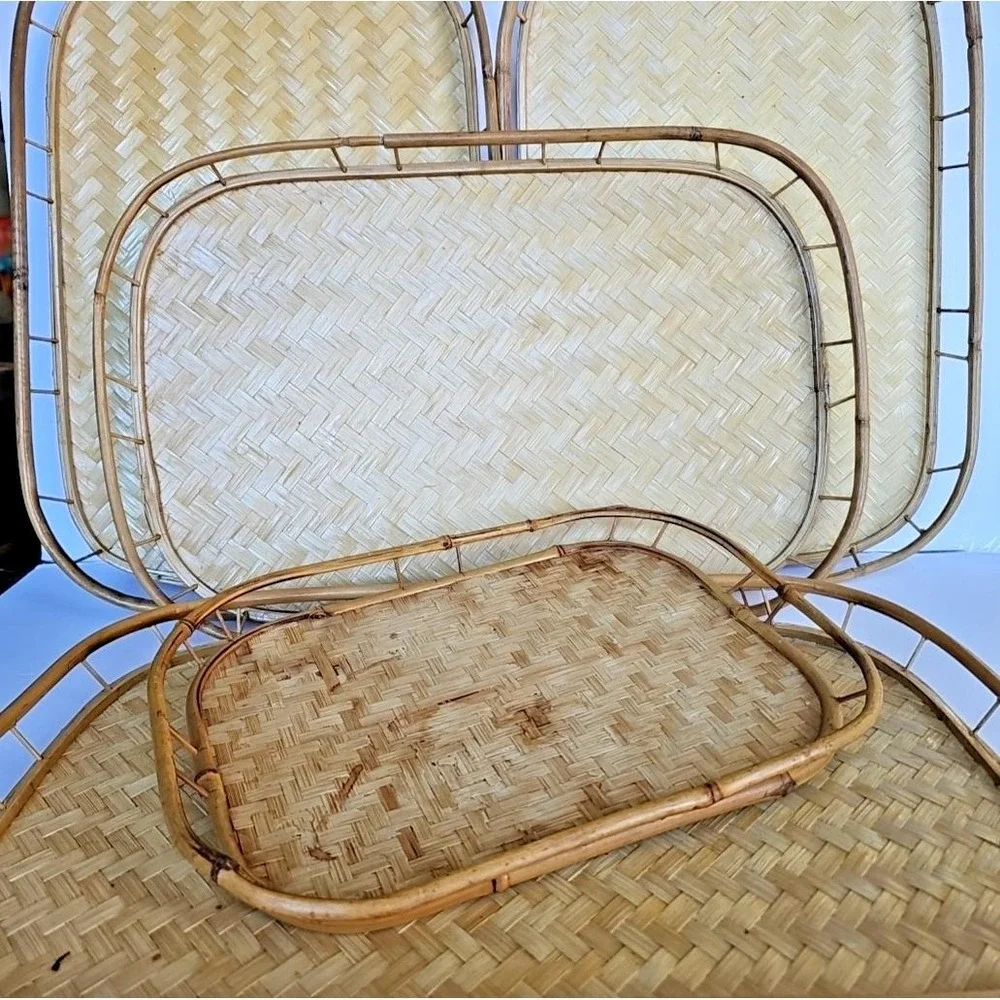 Vintage Bamboo Rattan Woven Serving Trays Set of 5 Nested Boho Coastal Decor‎